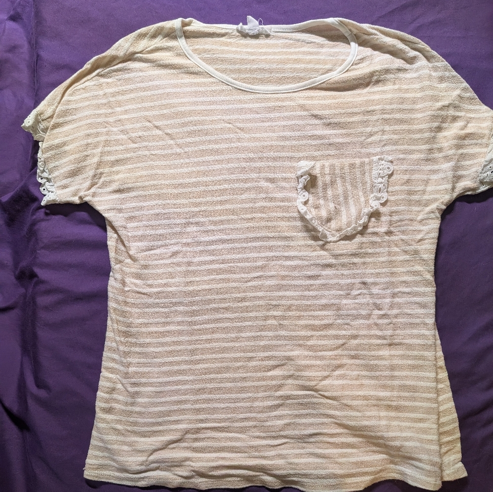 Striped cream and white lace shirt
